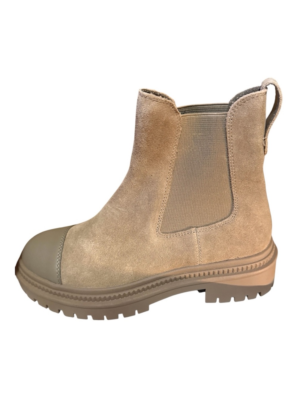 NIB Steve Madden Mayslie Cap-Toe Chelsea Boot in Taupe Suede
